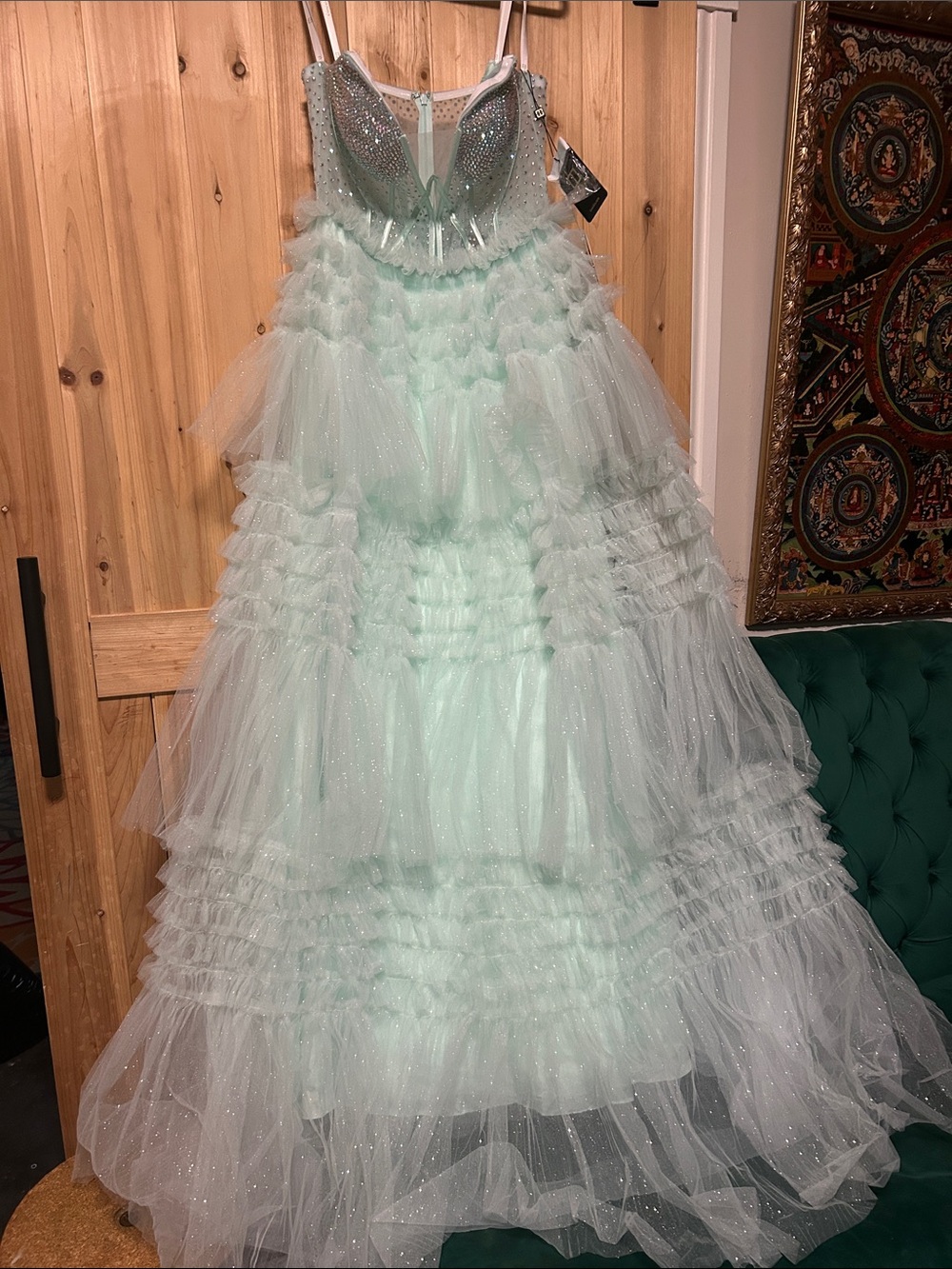 Lucci Lu Sparkling Mint Tulle Strapless Prom Dress with Embellished Bodice